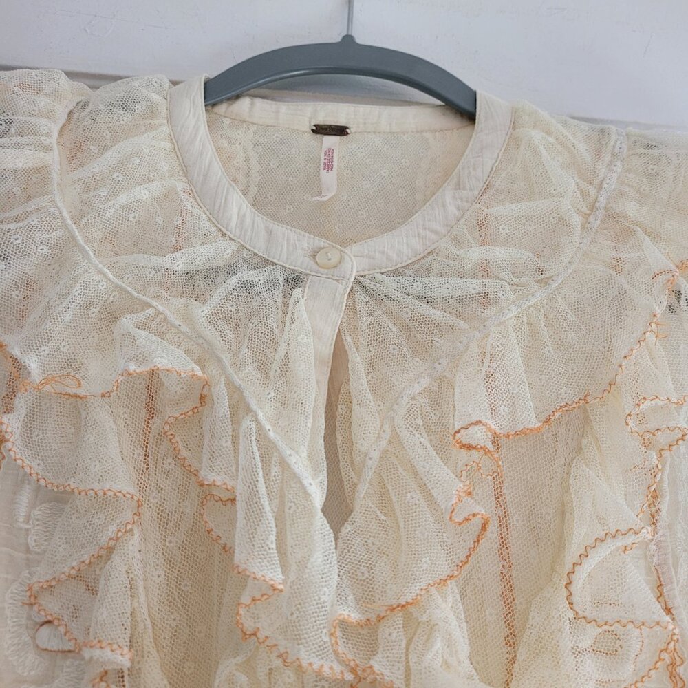 Free People Cream Ruffle Short Sleeve Top